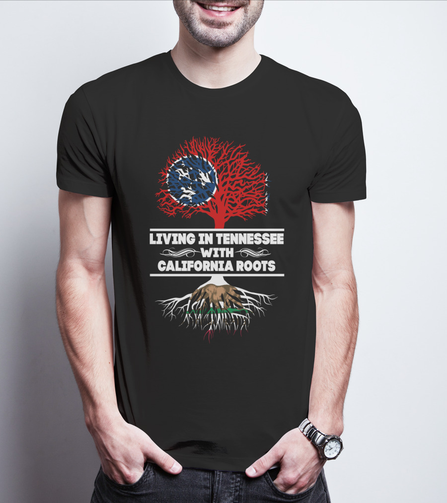 Living In Tennessee With California Roots Featuring Tennessee Flag And California Bear Elements T-Shirt