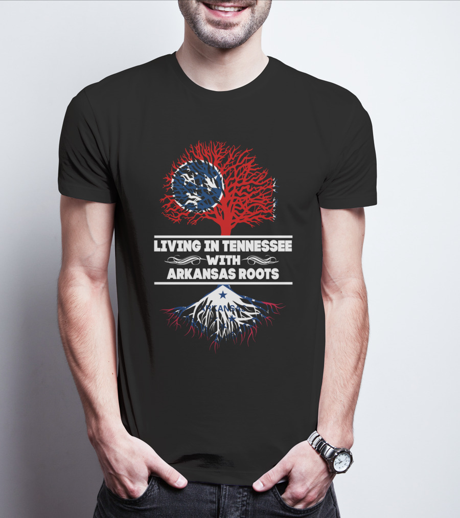 Tennessee Living With Arkansas Roots Red Tree Blue Roots Flag Motif T-Shirt
