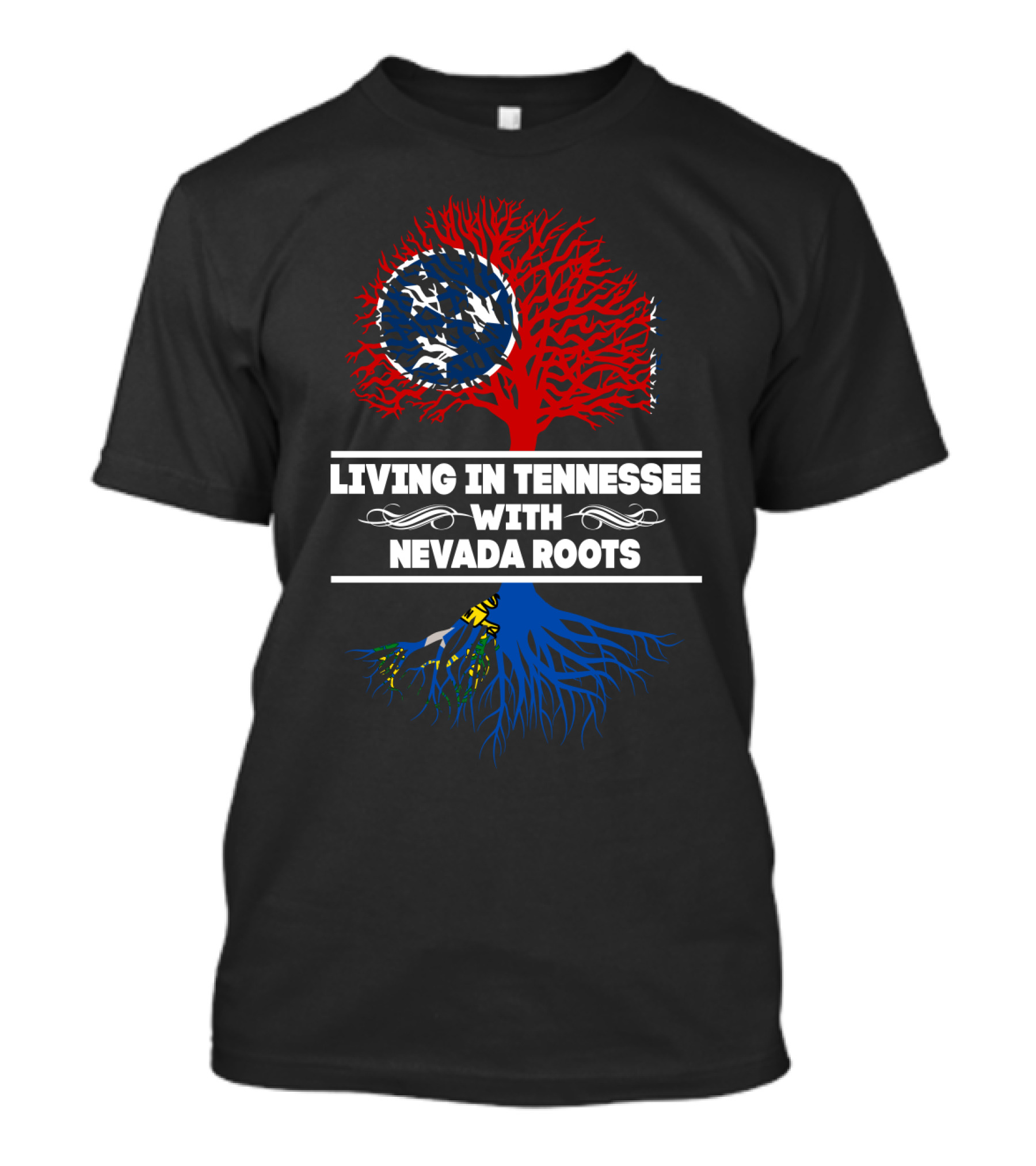 Tennessee Living With Nevada Roots: Dual State Pride Tree Design Featuring Tennessee Flag Iconography T-Shirt