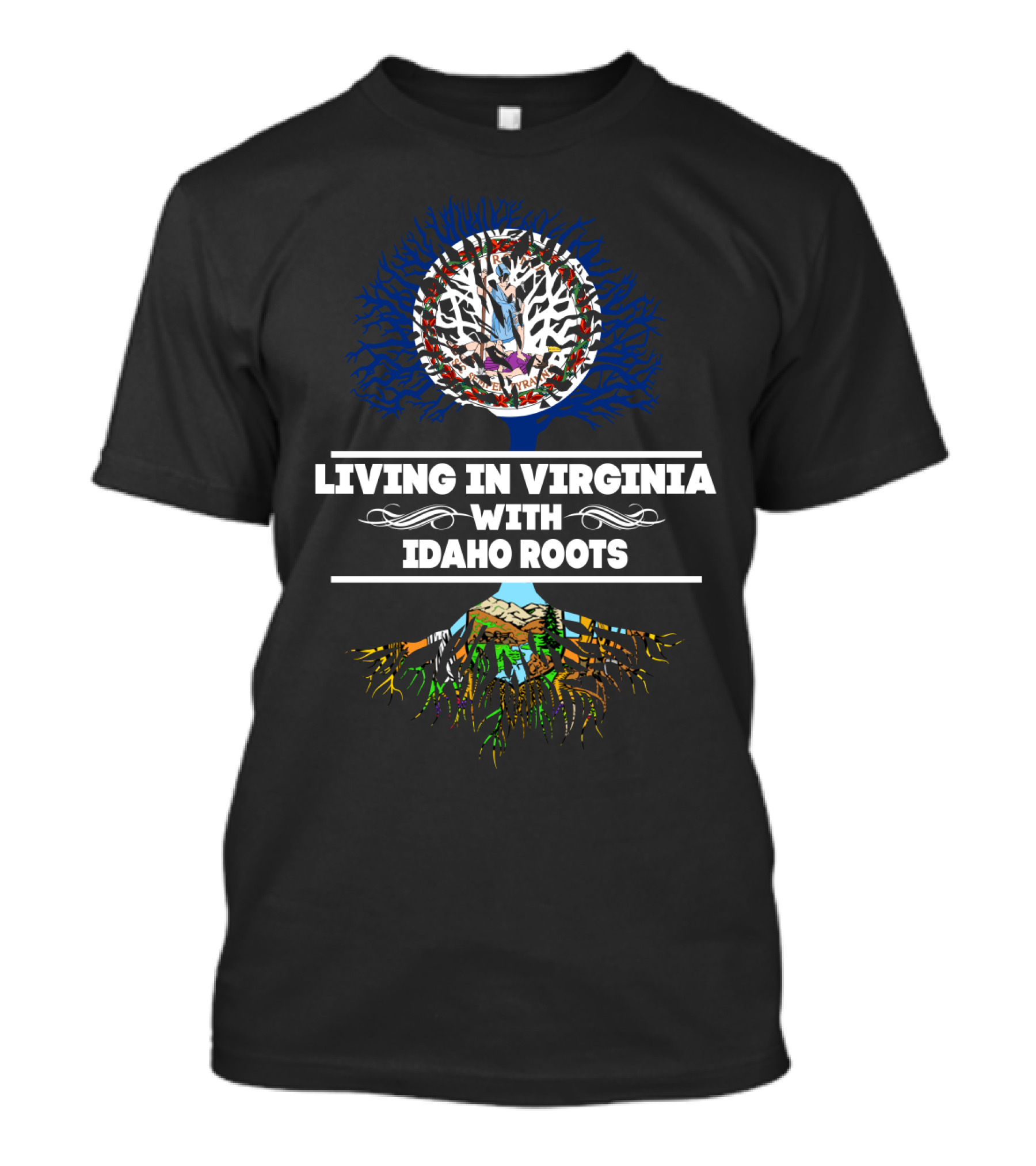Living In Virginia With Idaho Roots Tree Art With State Pride Elements T-Shirt