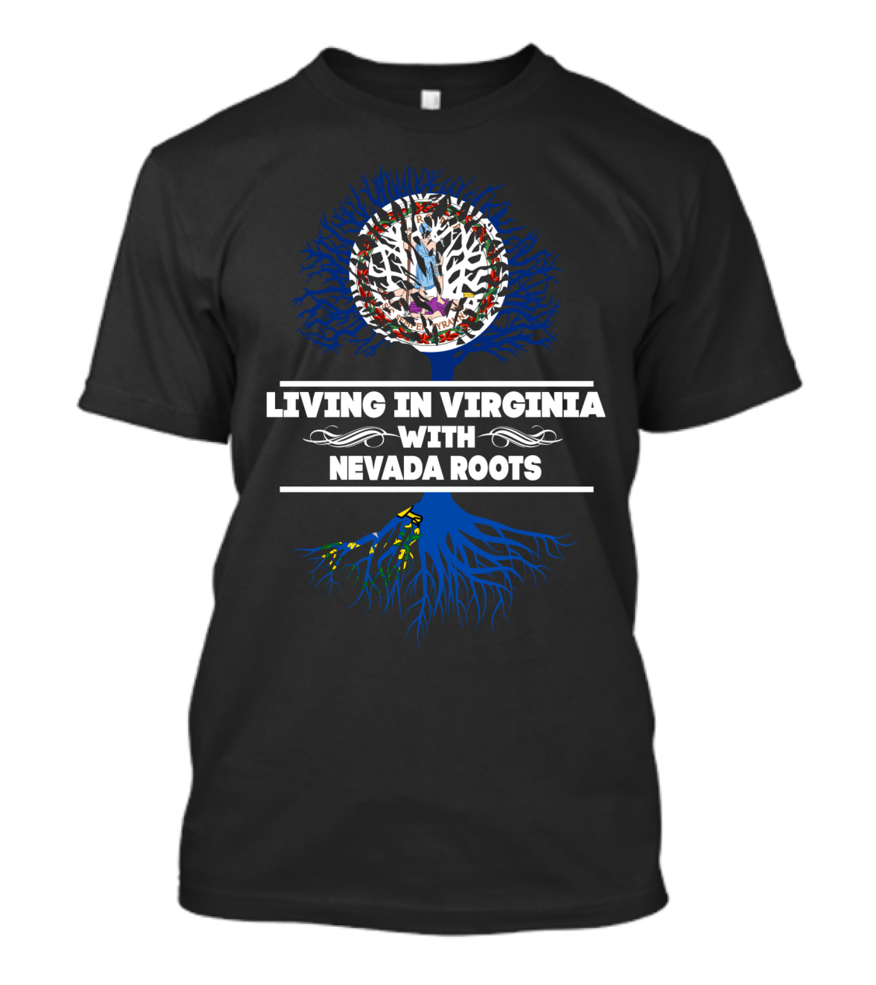 Living In Virginia With Nevada Roots Blue Tree Design Virginia Seal T-Shirt