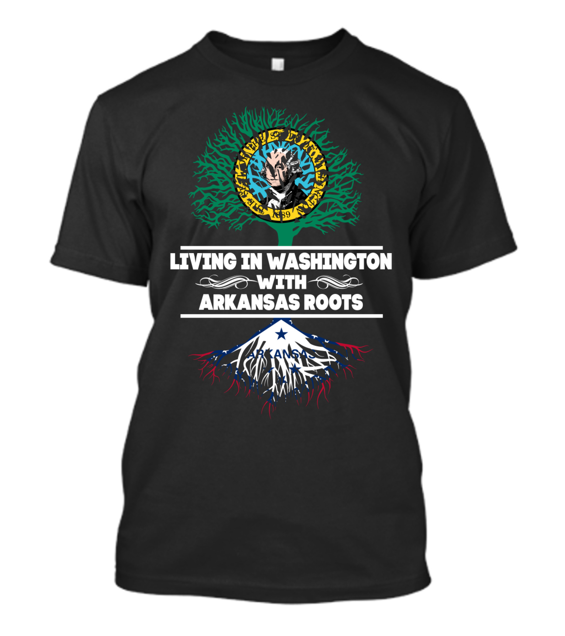 Living In Washington With Arkansas Roots Tree Design With Mount Rainier And Flag Elements T-Shirt