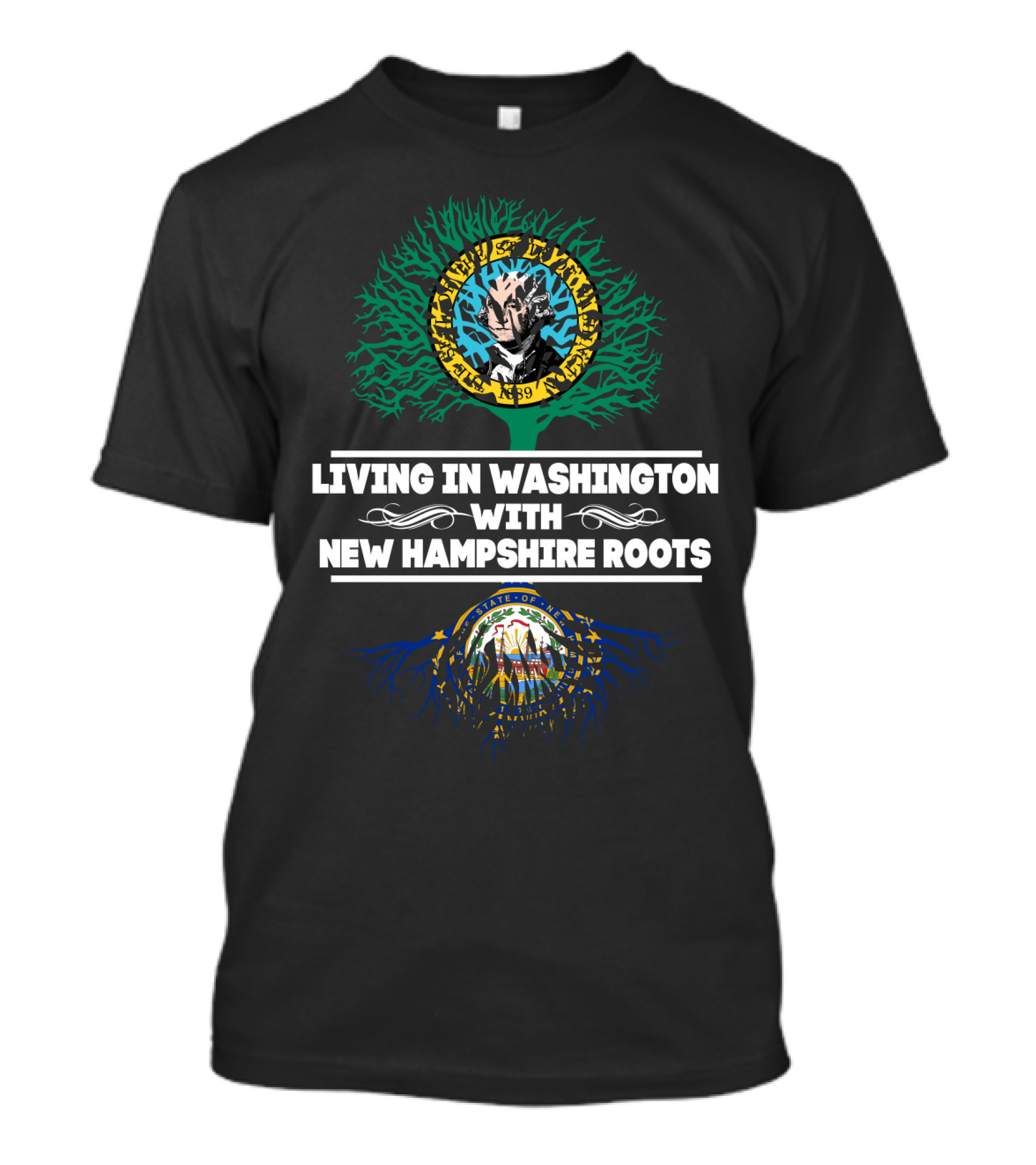 Living In Washington With New Hampshire Roots Washington State Tree And New Hampshire Seal T-Shirt