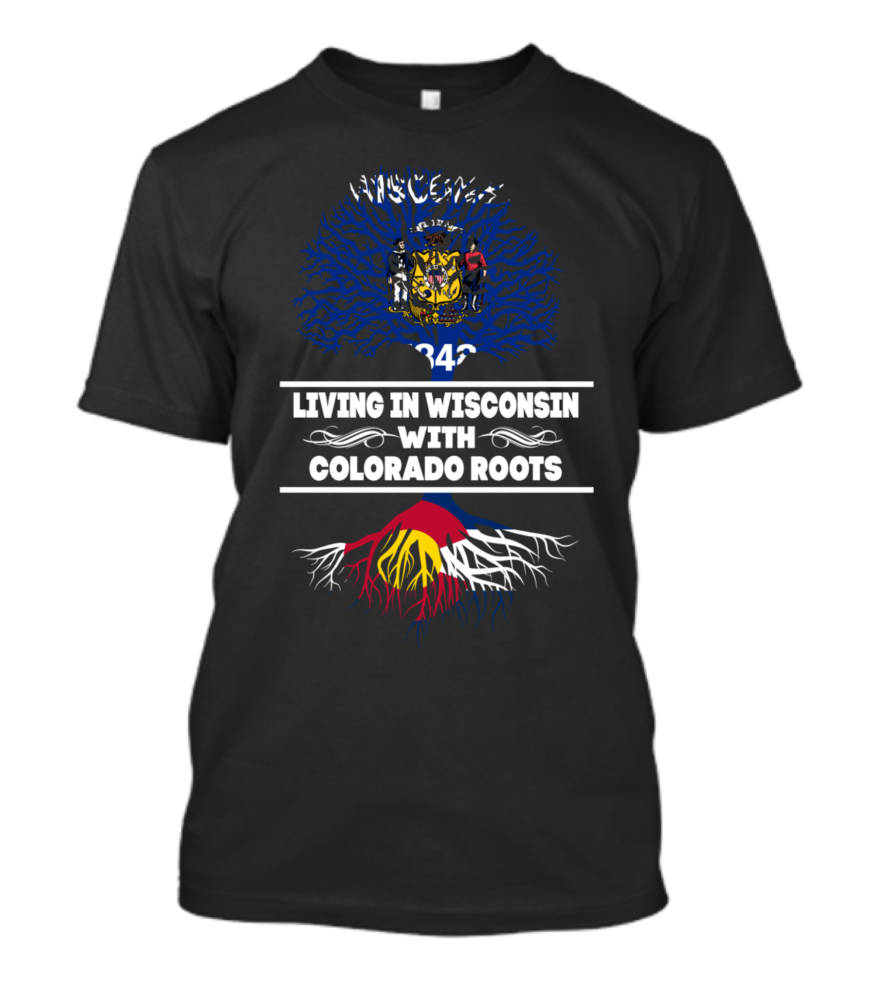 Wisconsin State Tree Shield With Colorado Flag Mountain Roots T-Shirt