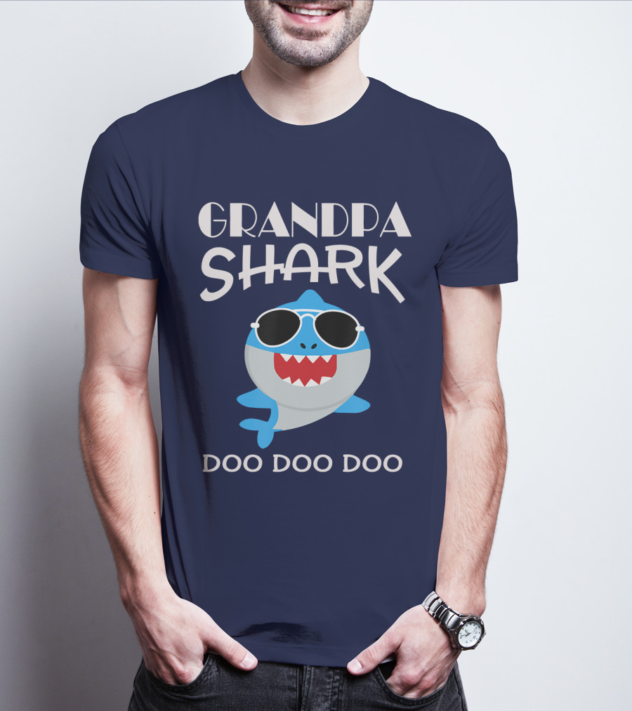 Grandpa Shark Doo Doo Doo Cool Sunglass-Wearing Blue Shark T-Shirt