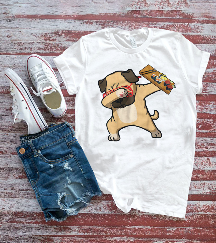 Dabbing Pug With Sushi Plate And Chopstick Glasses T-Shirt