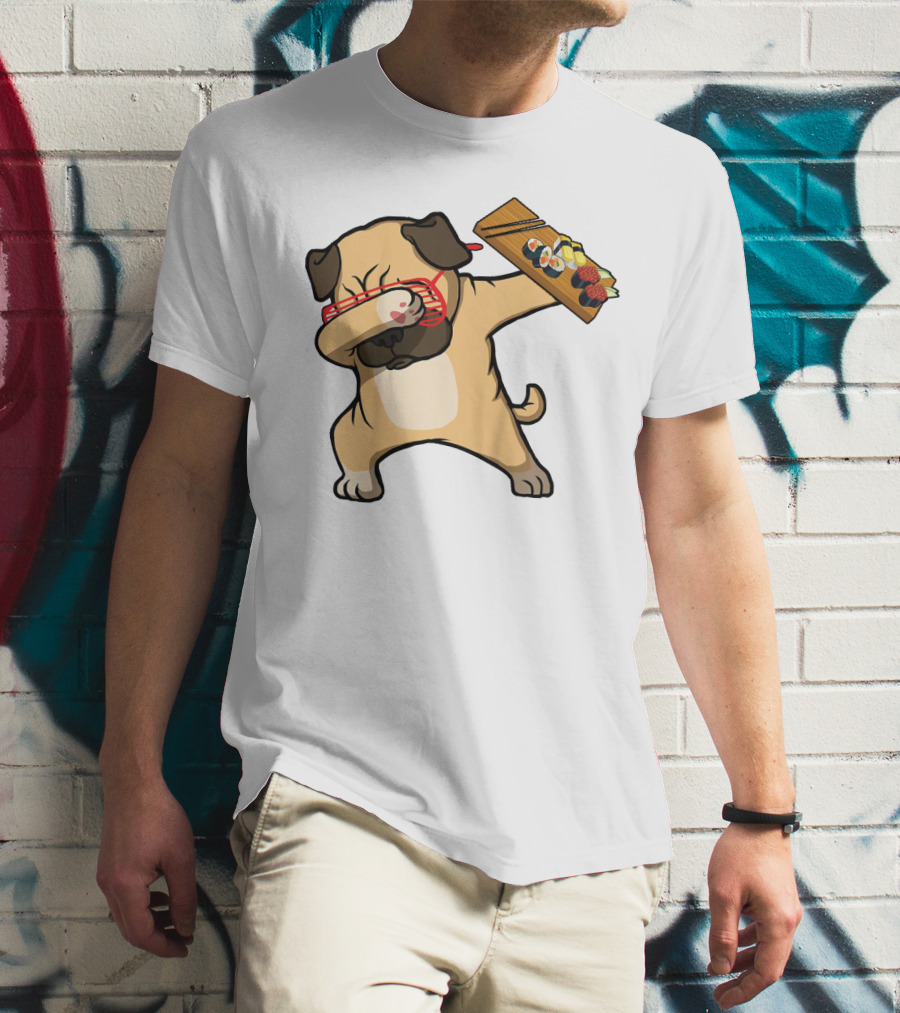 Dabbing Pug With Sushi Plate And Chopstick Glasses T-Shirt