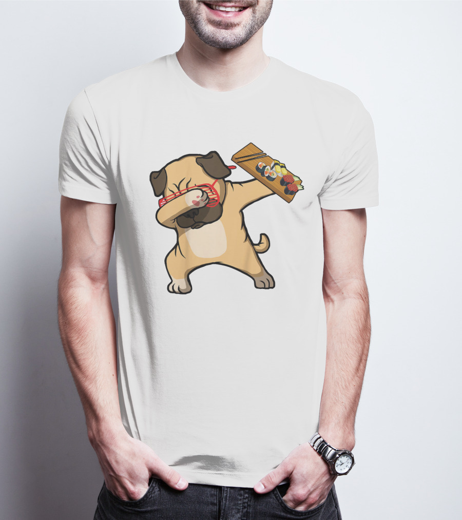 Dabbing Pug With Sushi Plate And Chopstick Glasses T-Shirt