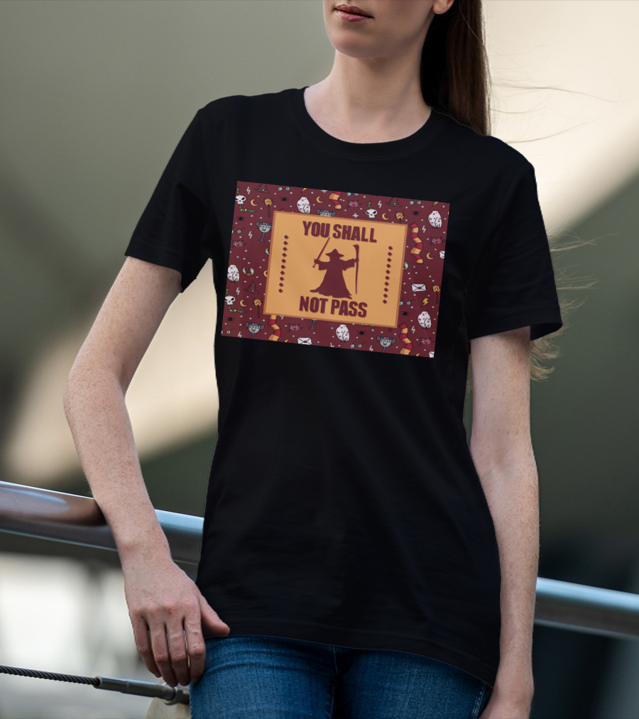 You Shall Not Pass Wizard With Wand And Staff Icon With Mystical Pattern Background T-Shirt