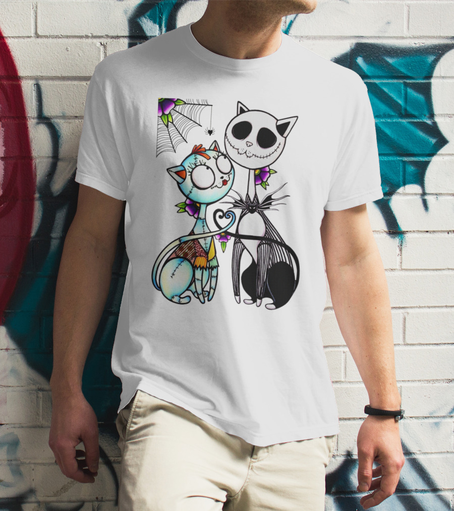 Cat Version Of Jack Skellington And Sally With Spider Web And Flowers T-Shirt