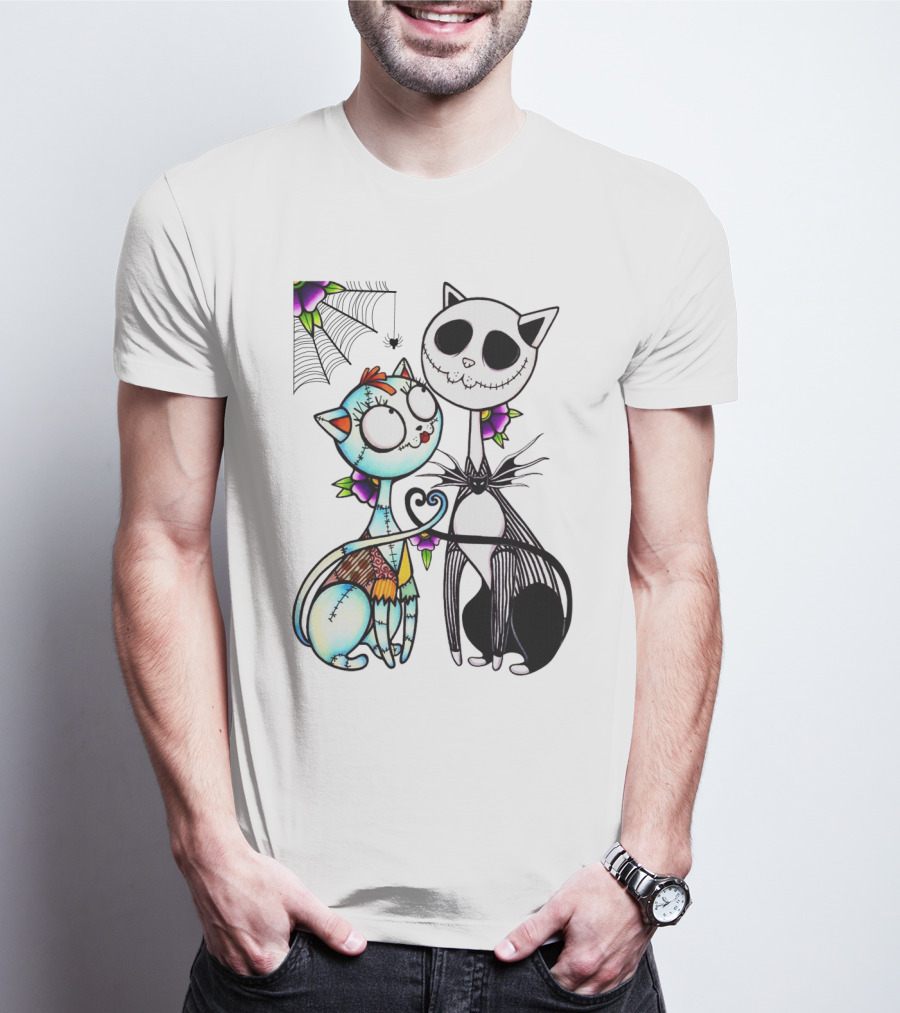 Cat Version Of Jack Skellington And Sally With Spider Web And Flowers T-Shirt