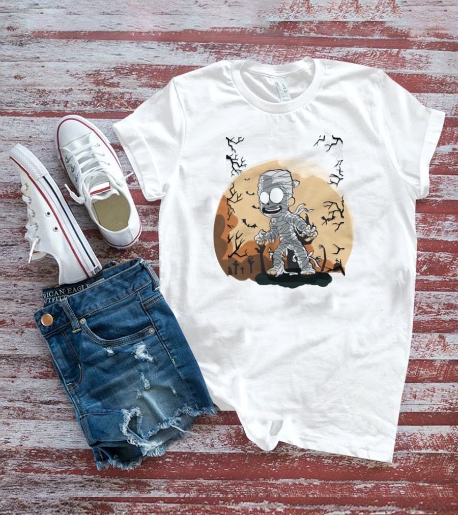 Halloween Zombies Mummy With Moon Tombs And Spooky Trees T-Shirt