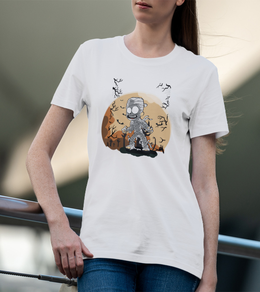 Halloween Zombies Mummy With Moon Tombs And Spooky Trees T-Shirt