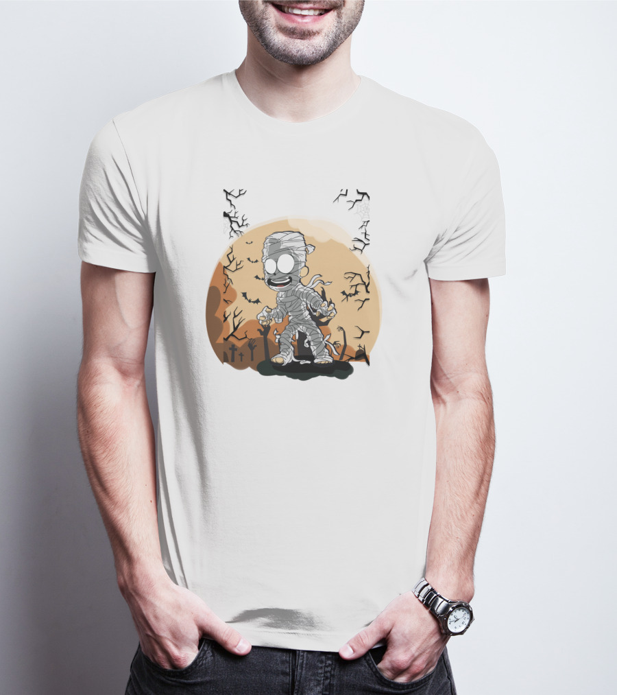 Halloween Zombies Mummy With Moon Tombs And Spooky Trees T-Shirt