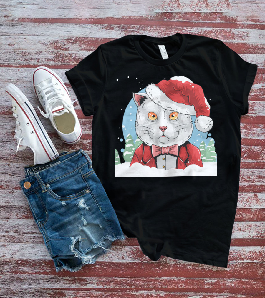 Santa Claus Cat In Winter Wonderland Christmas Scene T-Shirt