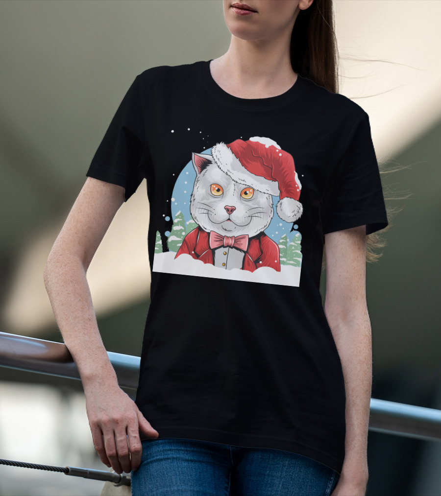 Santa Claus Cat In Winter Wonderland Christmas Scene T-Shirt