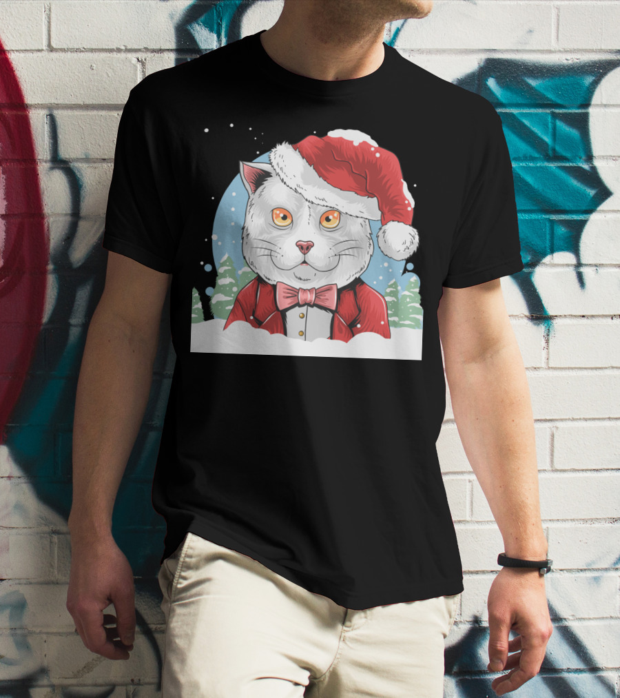 Santa Claus Cat In Winter Wonderland Christmas Scene T-Shirt