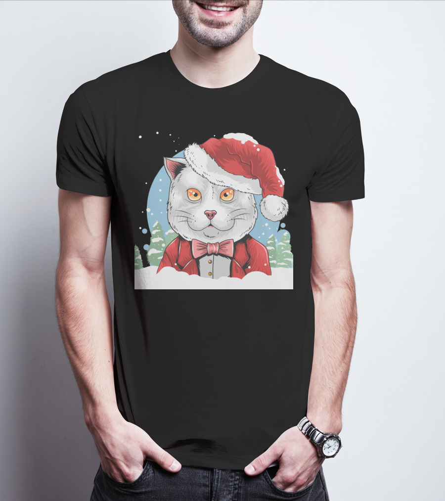 Santa Claus Cat In Winter Wonderland Christmas Scene T-Shirt