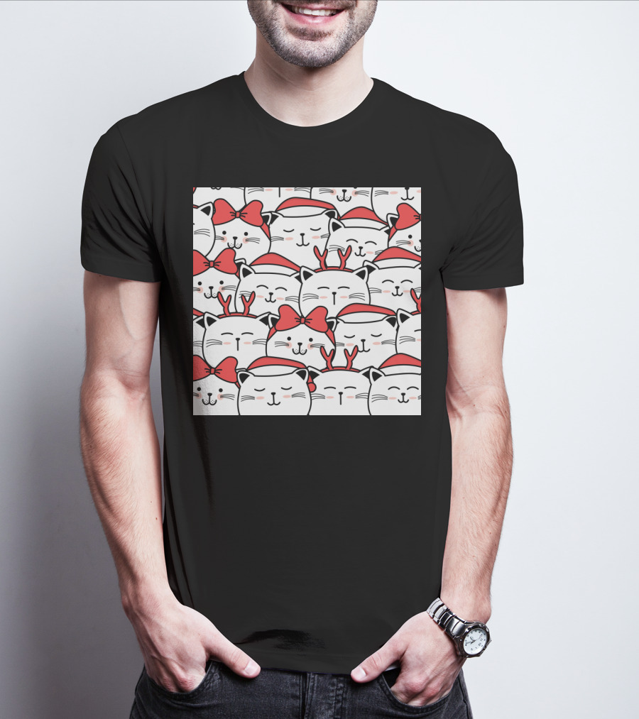 Cute Cat Christmas Santa Hats And Red Bows T-Shirt