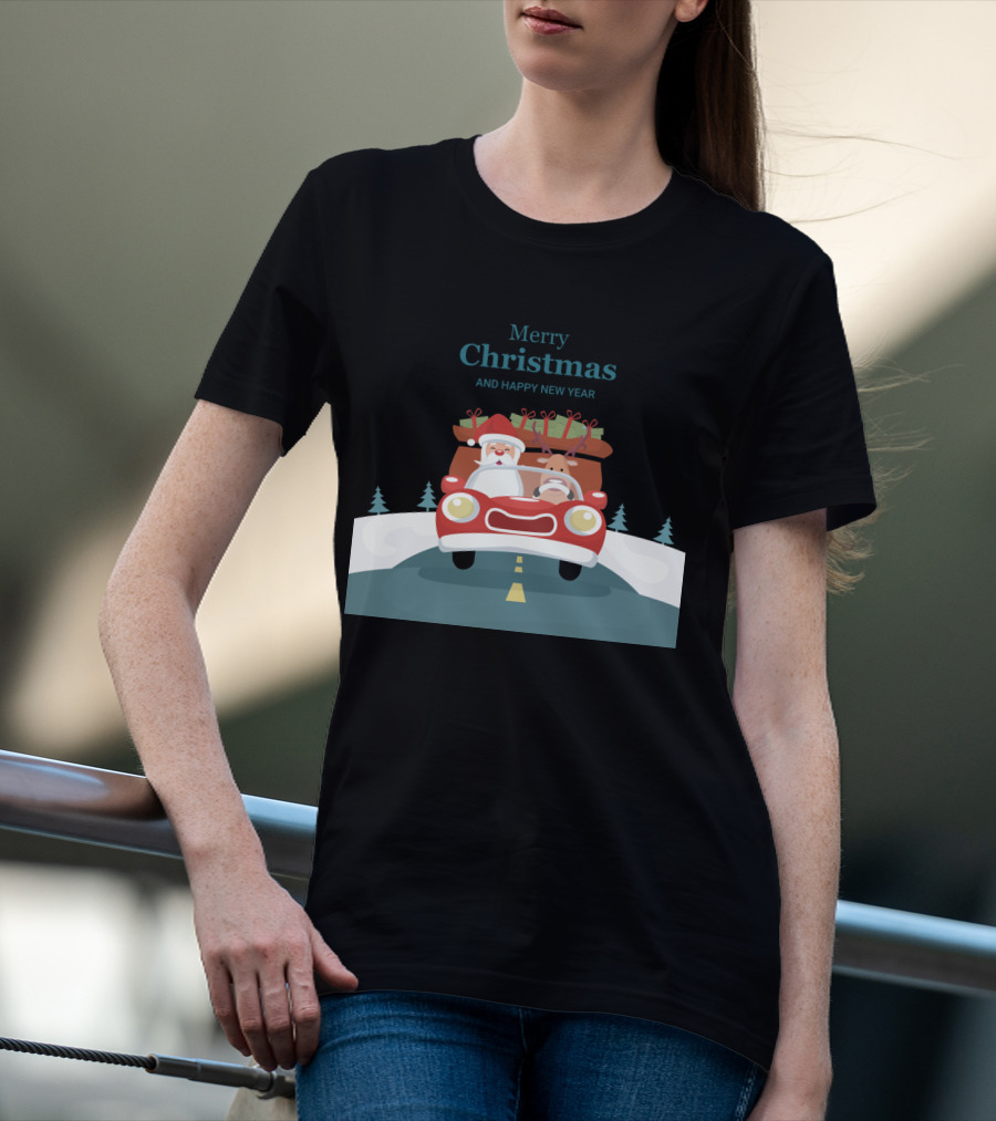 Merry Christmas And Happy New Year Reindeer Drives Car With Santa Claus T-Shirt