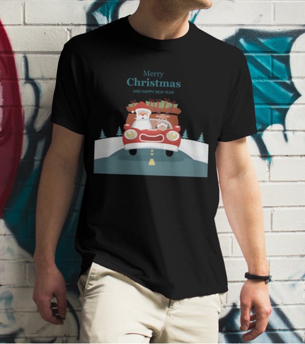 Merry Christmas And Happy New Year Reindeer Drives Car With Santa Claus T-Shirt
