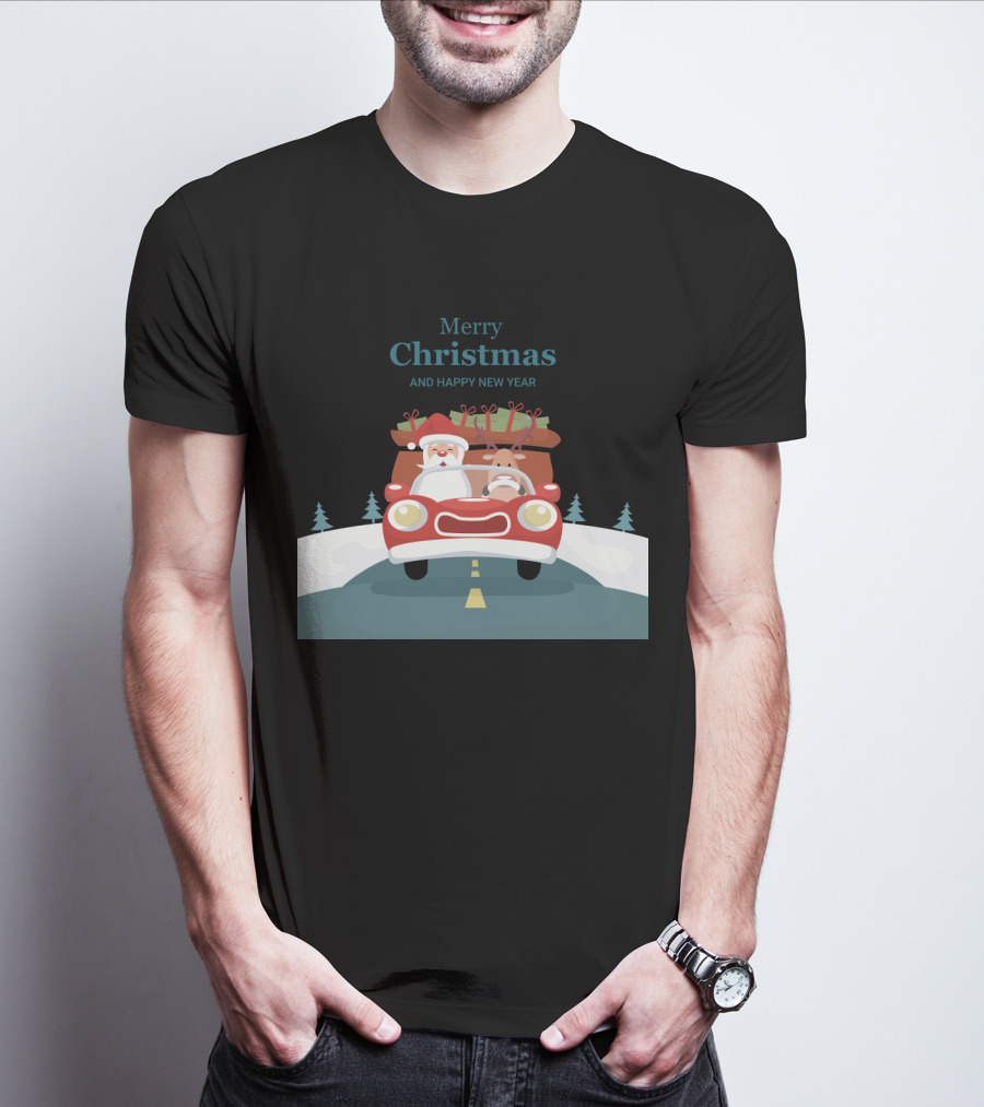 Merry Christmas And Happy New Year Reindeer Drives Car With Santa Claus T-Shirt