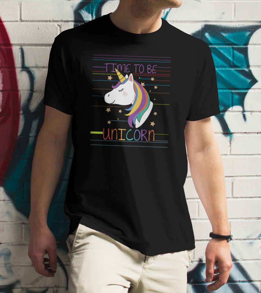 TIME TO BE UNICORN Colorful Stars Stripes Rainbow Mane T-Shirt