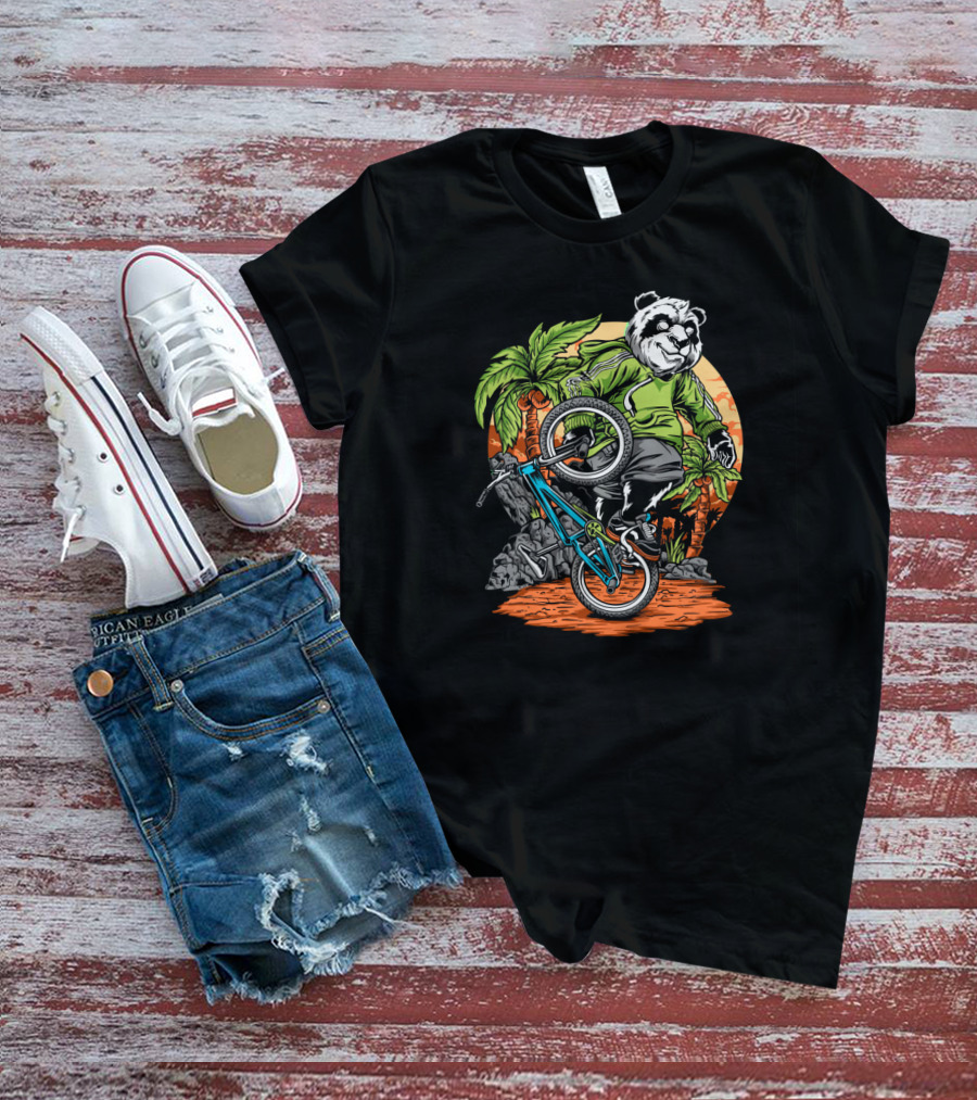 Panda Performs Bicycle Stunt In Tropical Setting T-Shirt