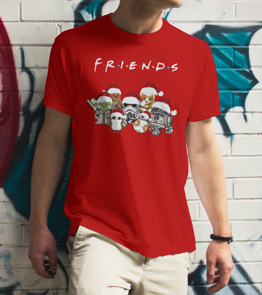 Star Wars Characters Yoda Chewbacca Porgs Stormtrooper R2 D2 C 3PO BB 8 Friends TV Show Christmas Santa Hats T-Shirt