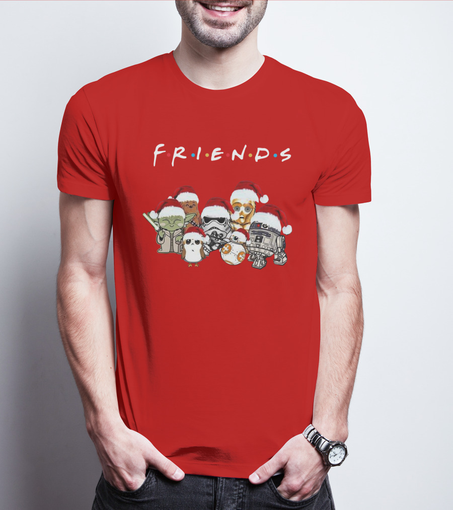 Star Wars Characters Yoda Chewbacca Porgs Stormtrooper R2 D2 C 3PO BB 8 Friends TV Show Christmas Santa Hats T-Shirt