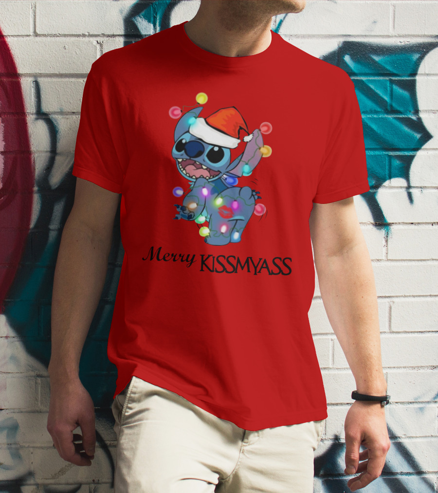 Merry Kissmyass Christmas Stitch Santa Hat Lights T-Shirt