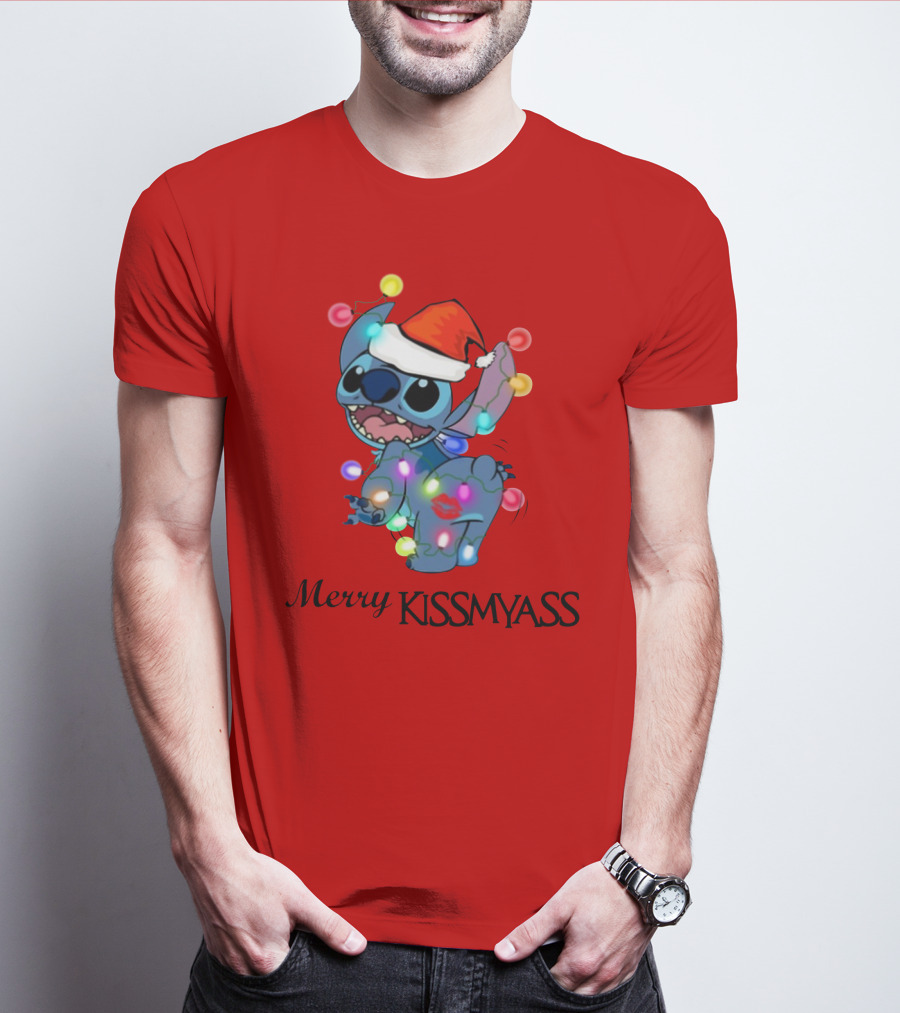 Merry Kissmyass Christmas Stitch Santa Hat Lights T-Shirt