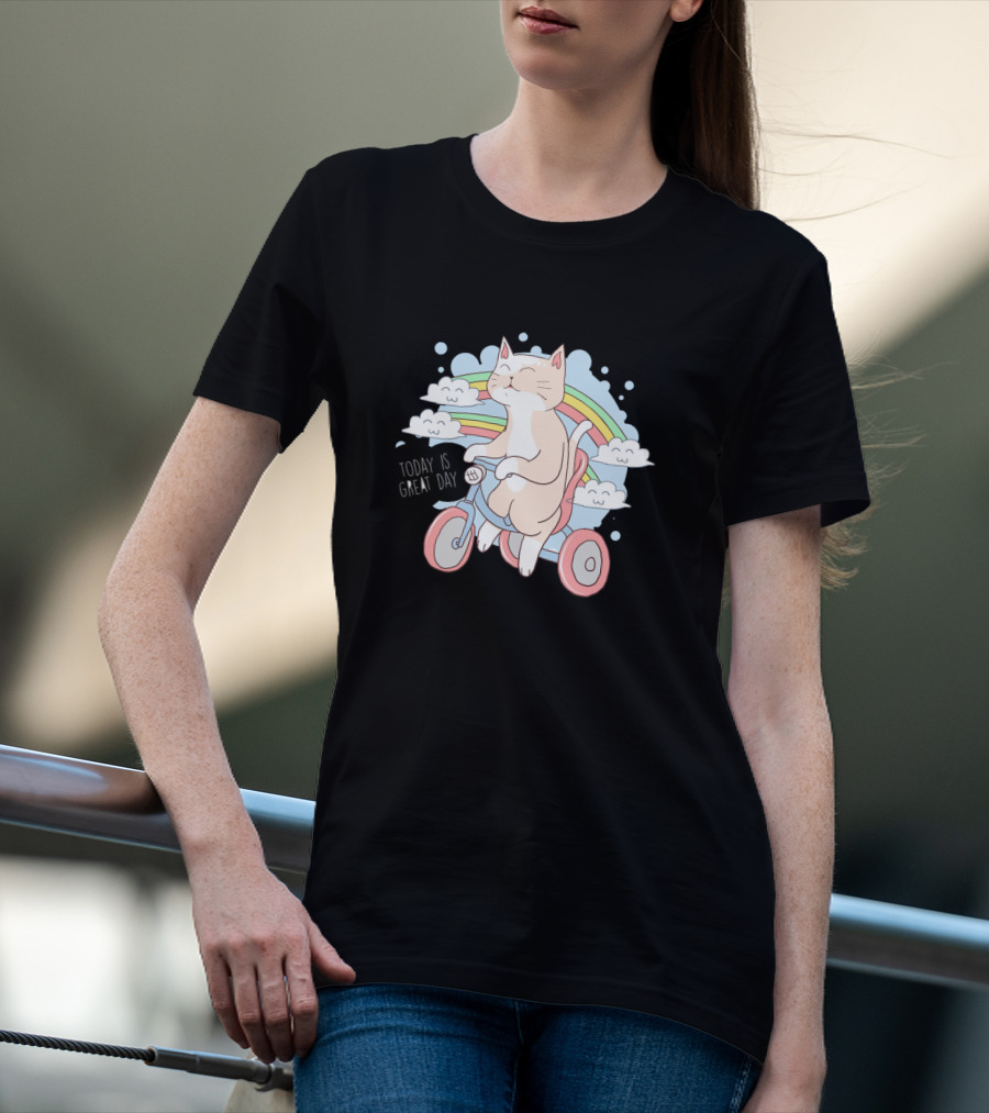 Cat On Bicycle With Rainbow Clouds And Positive Message Today Is Great Day T-Shirt