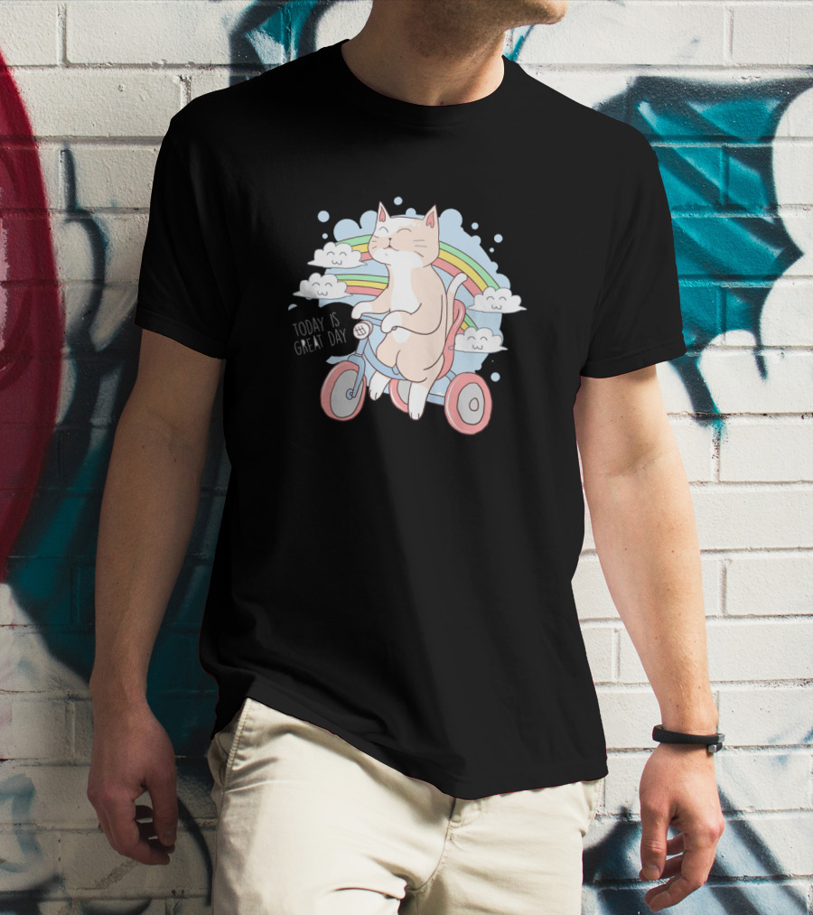 Cat On Bicycle With Rainbow Clouds And Positive Message Today Is Great Day T-Shirt