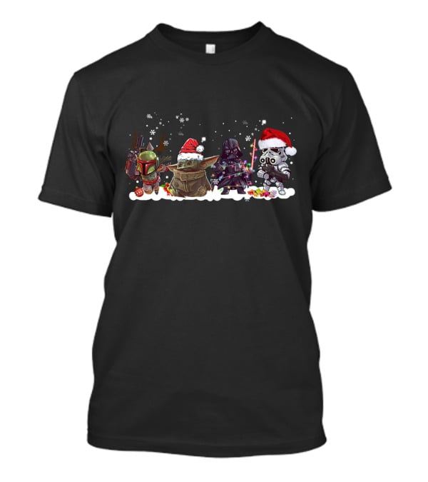 Boba Fett Baby Yoda Darth Vader And Stormtrooper Star Wars Christmas Santa Hats Snowflakes T-Shirt