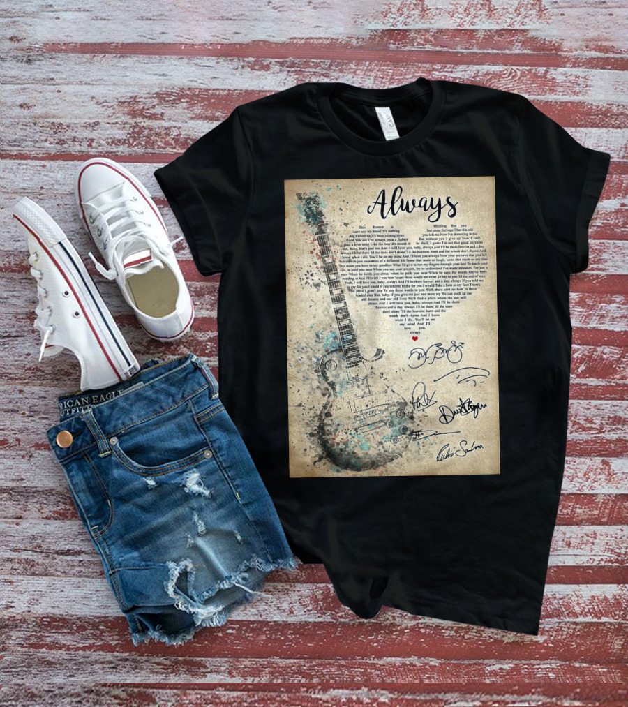 Always Bon Jovi Song Lyrics Guitar Art With Band Signatures T-Shirt