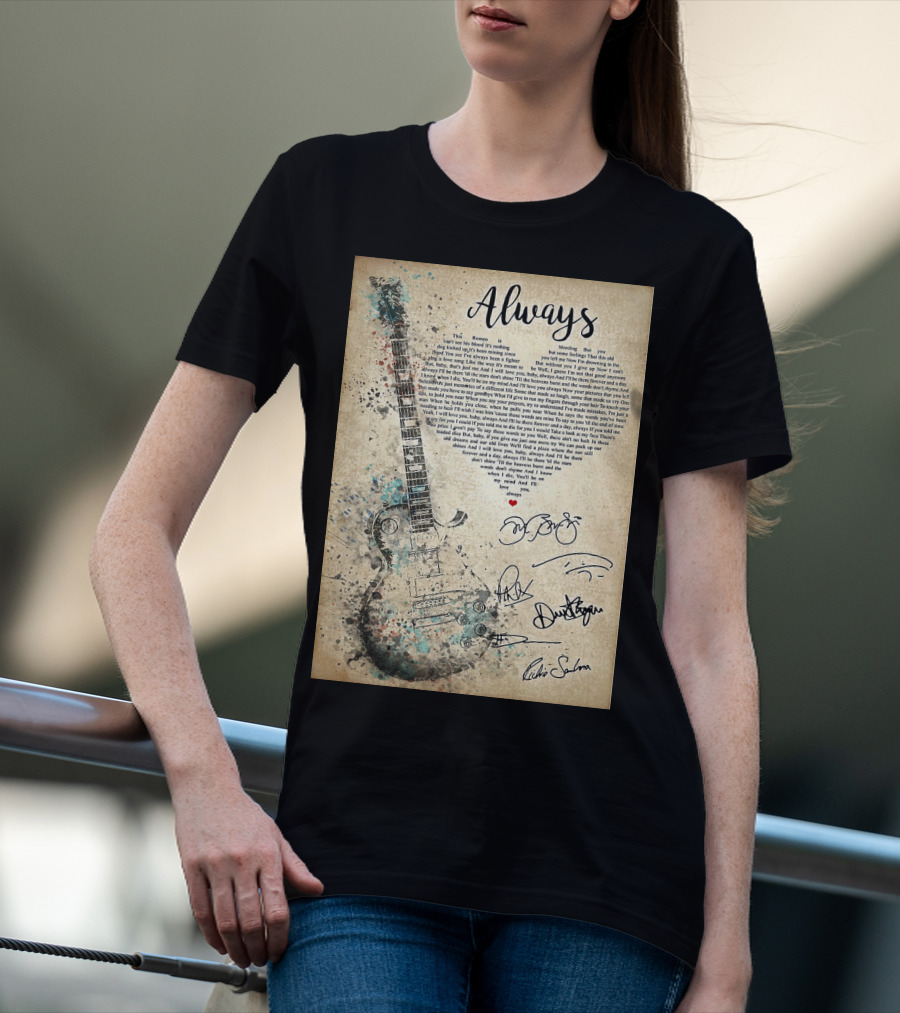 Always Bon Jovi Song Lyrics Guitar Art With Band Signatures T-Shirt