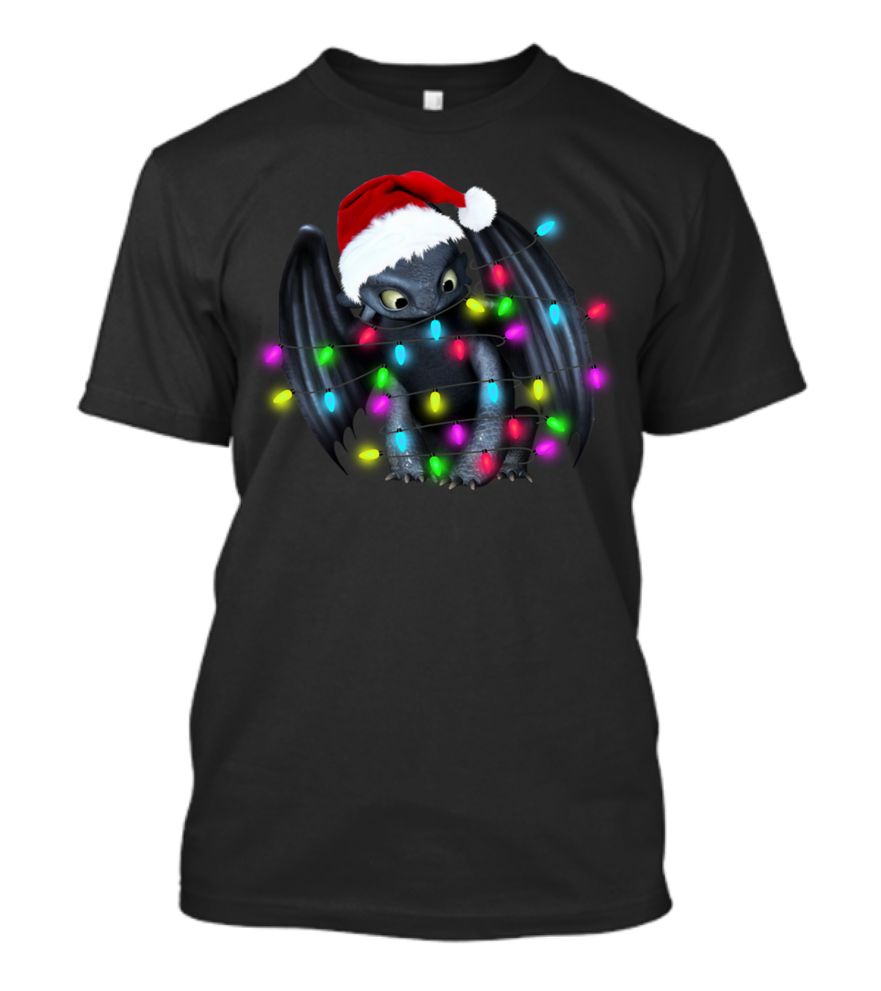 Toothless Wrapped In Colorful Christmas Lights And Santa Hat T-Shirt