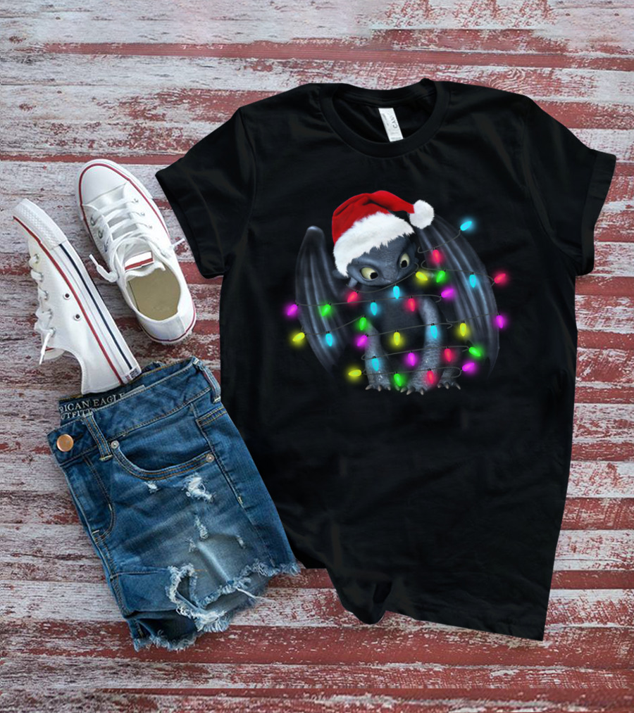Toothless Wrapped In Colorful Christmas Lights And Santa Hat T-Shirt