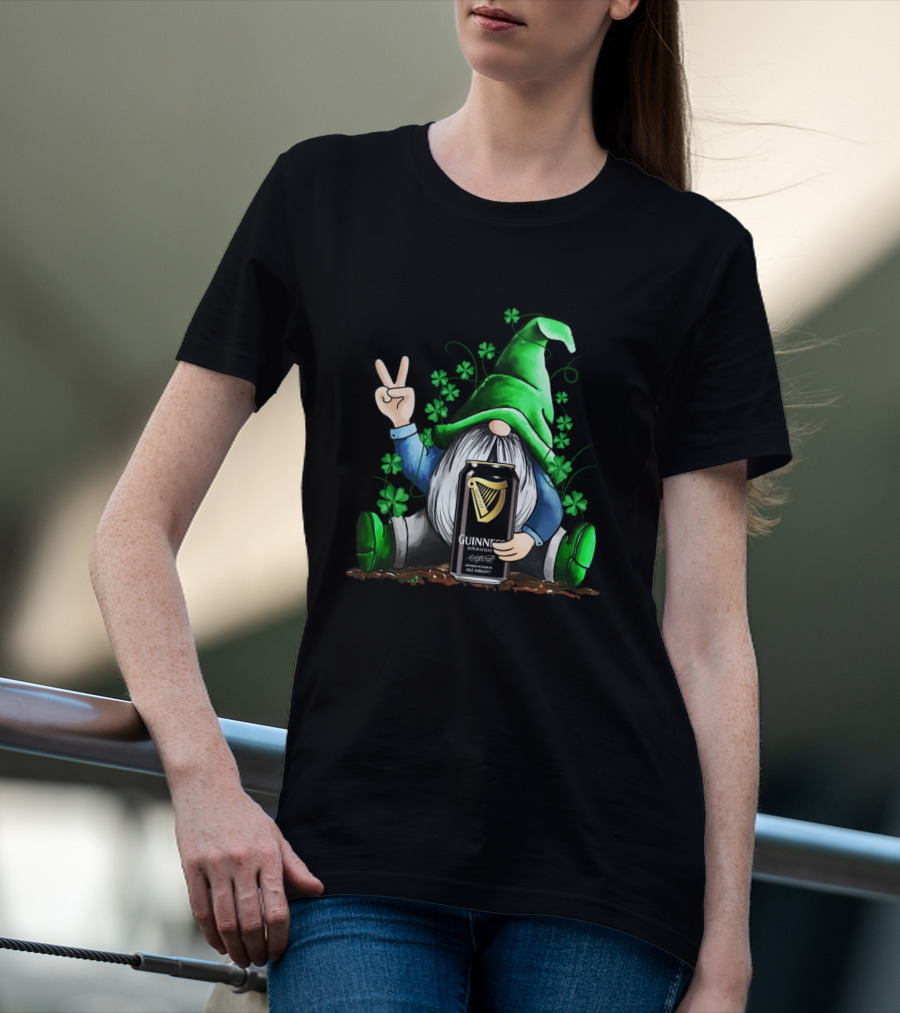 Guinness Can Holding Irish Gnome With Shamrocks Peace Sign St Patrick's Day T-Shirt