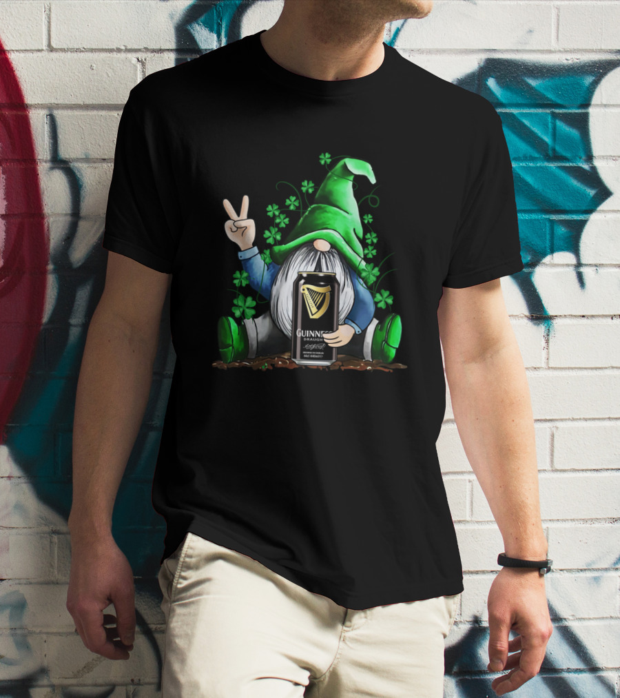 Guinness Can Holding Irish Gnome With Shamrocks Peace Sign St Patrick's Day T-Shirt