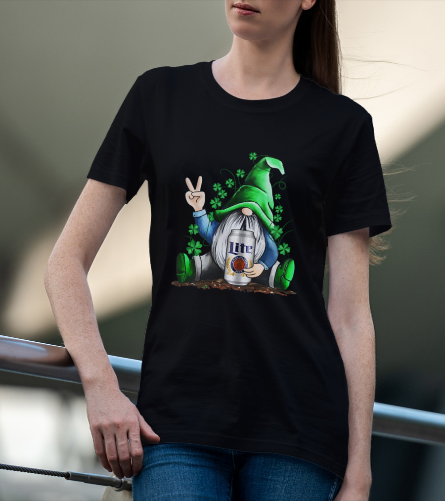 Miller Lite Irish Gnome Peace Sign Shamrocks St Patrick's Day T-Shirt