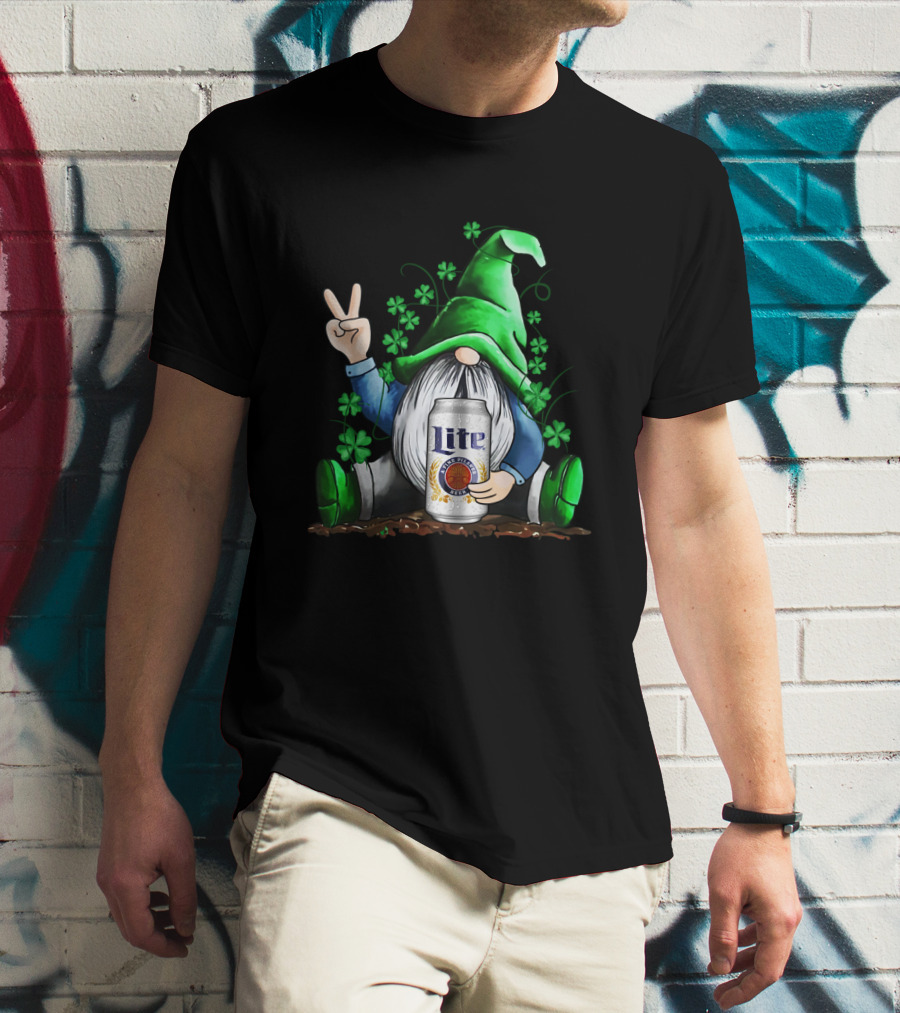 Miller Lite Irish Gnome Peace Sign Shamrocks St Patrick's Day T-Shirt