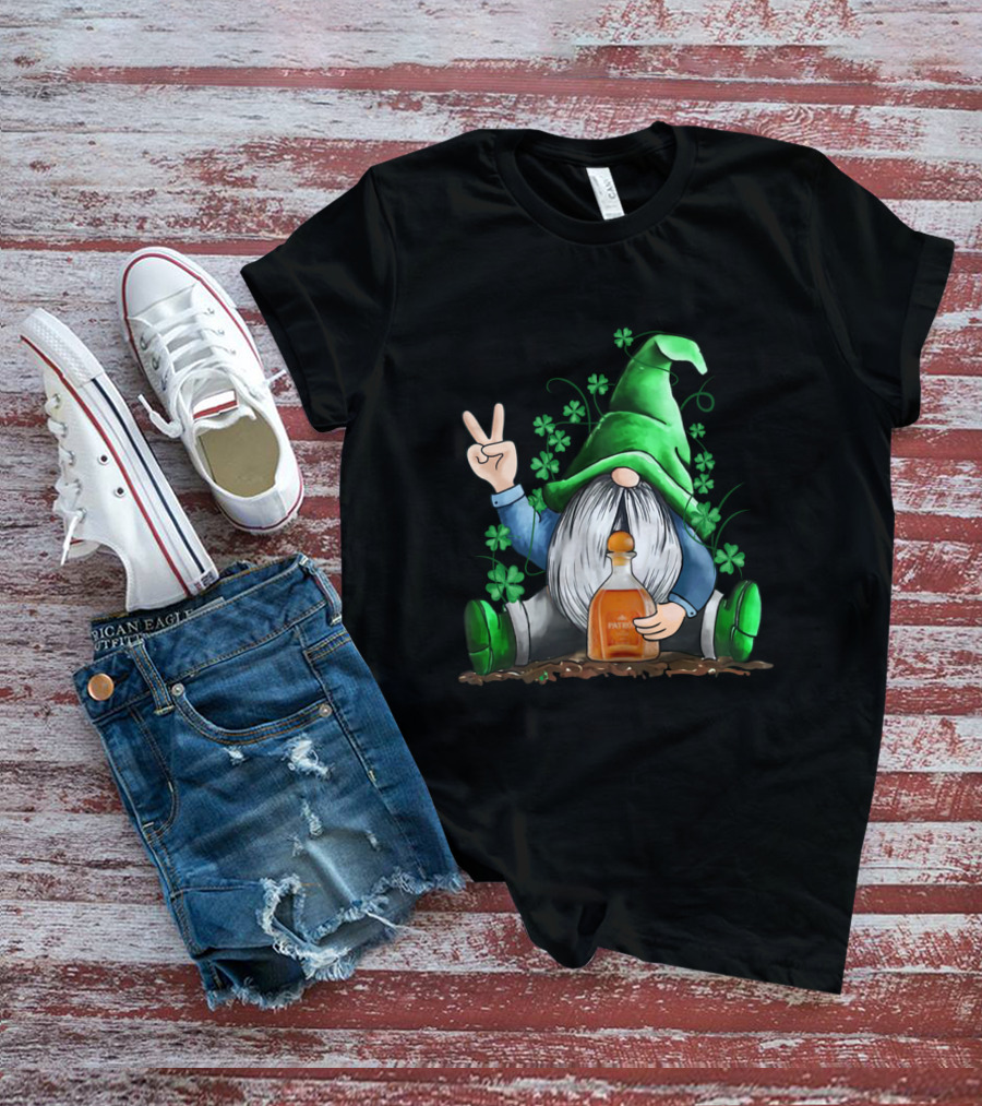 Patron Bottle Hug By Irish Gnome With Shamrocks For St Patrick's Day T-Shirt