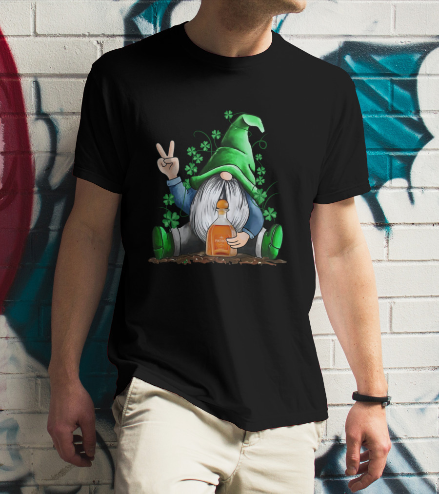 Patron Bottle Hug By Irish Gnome With Shamrocks For St Patrick's Day T-Shirt