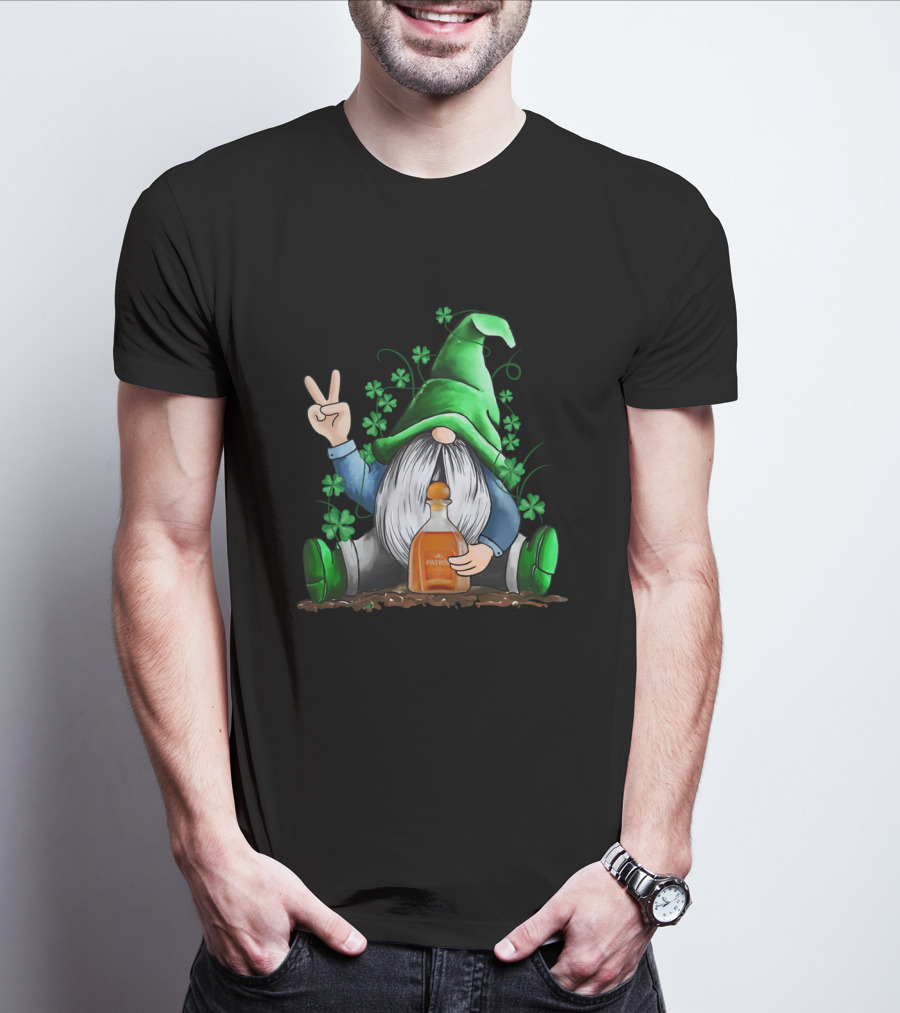 Patron Bottle Hug By Irish Gnome With Shamrocks For St Patrick's Day T-Shirt