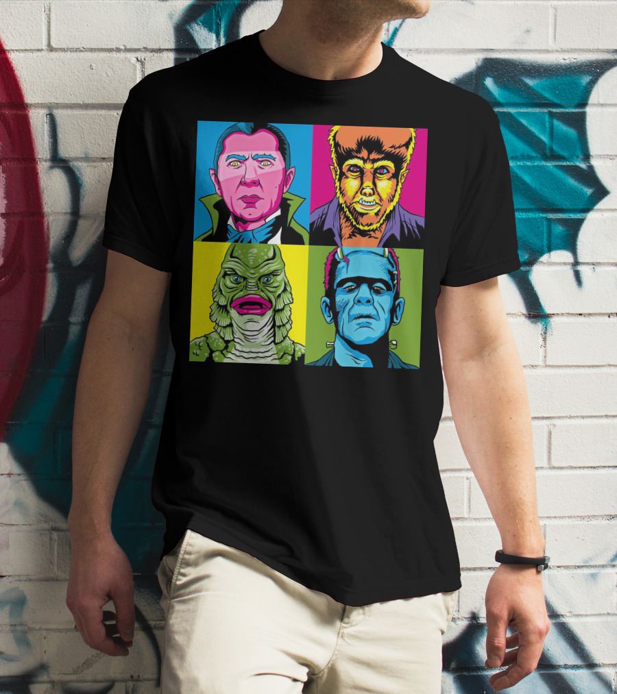 Dracula Frankenstein Wolfman Creature Horror Pop Art Icons T-Shirt