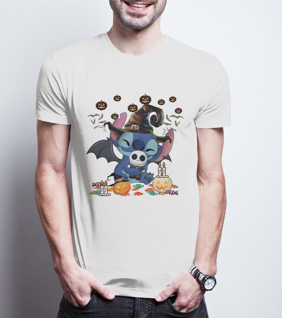 Halloween Stitch Witch With Baby Jack Skellington Surrounded By Pumpkins And Candy T-Shirt