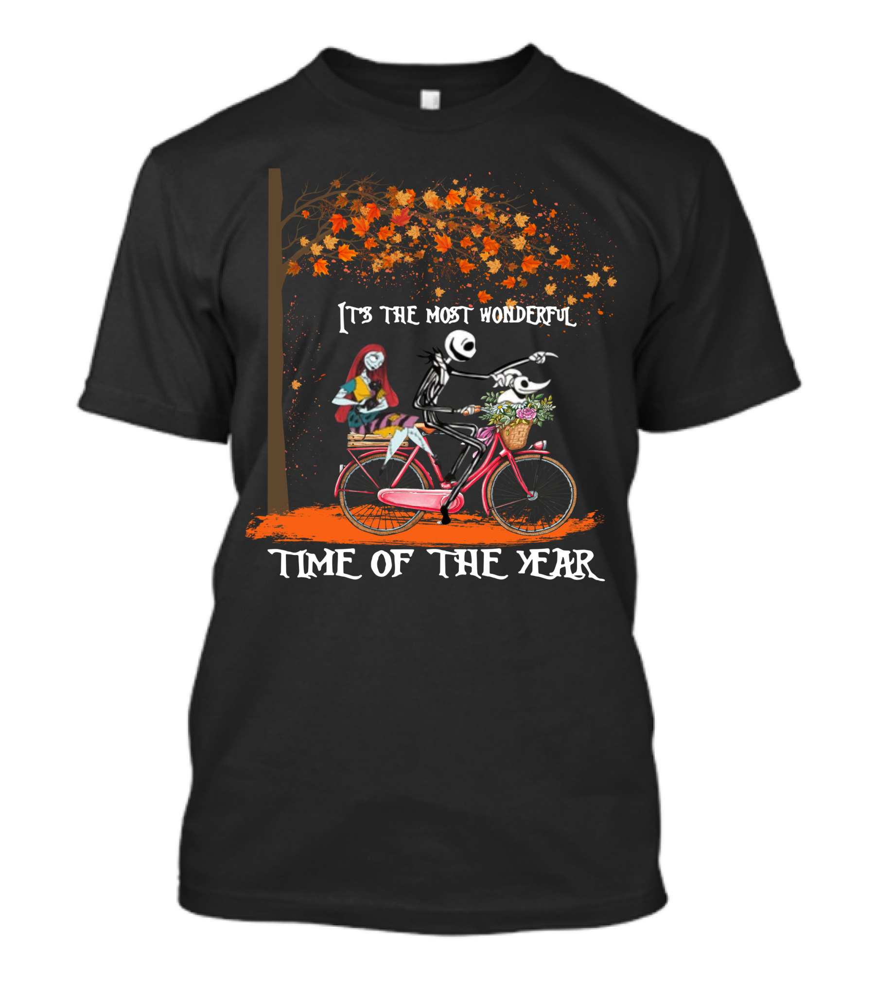 Jack Skellington And Sally On Bicycle Under Autumn Tree It's The Most Wonderful Time Of The Year T-Shirt