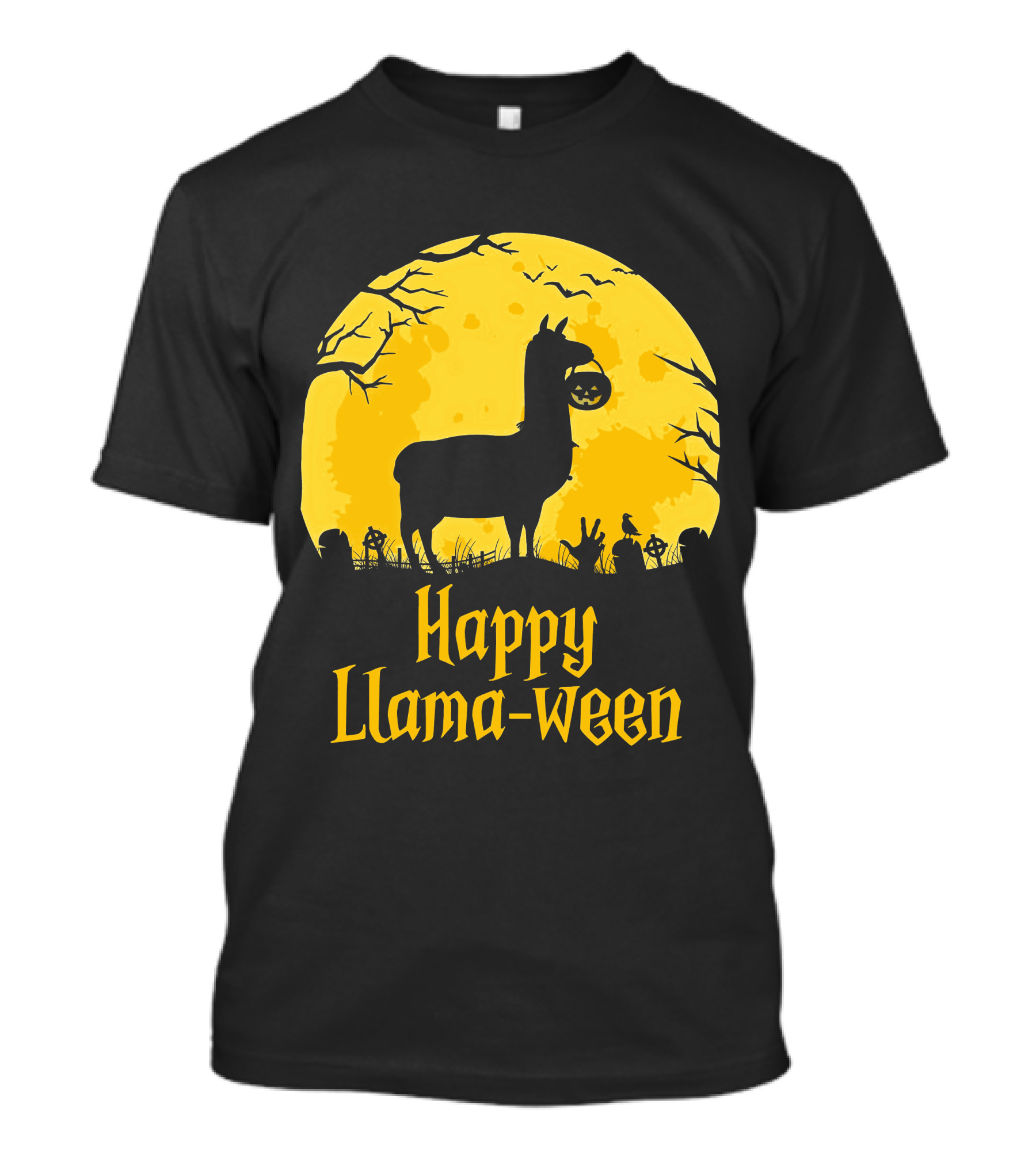 Happy Llamaween Llama Holding Pumpkin Silhouette In Spooky Halloween Scene T-Shirt